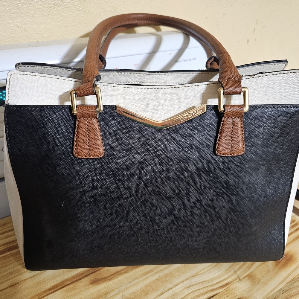 Calvin Klein Black and White Satchel with Gold Hardware